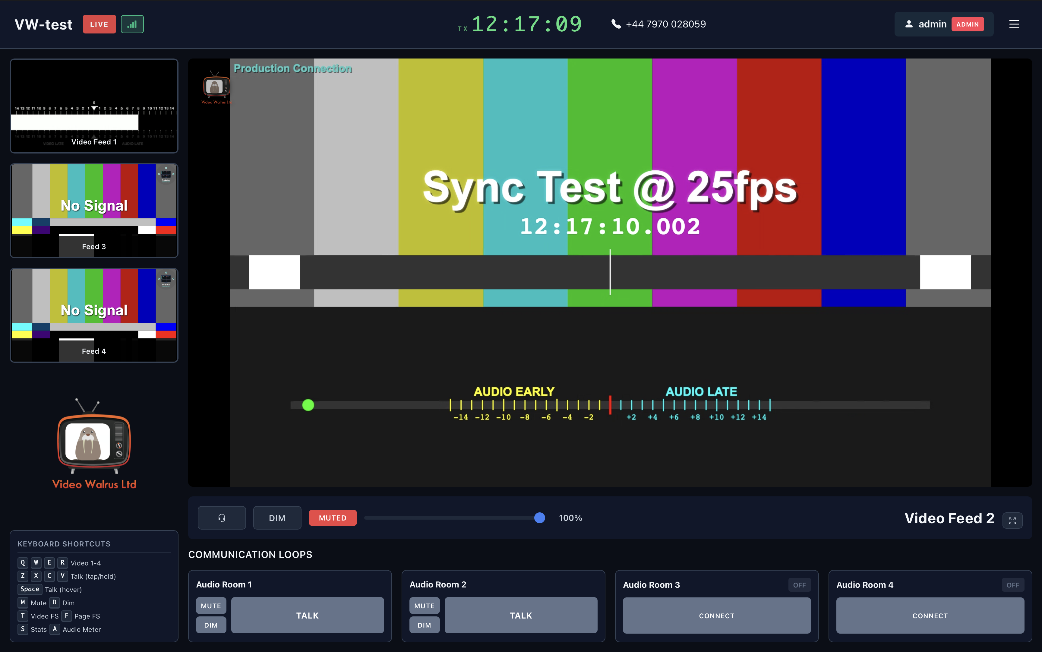 Production Connection viewer interface showing multiview feeds, sync test, audio metering, and communication loops
